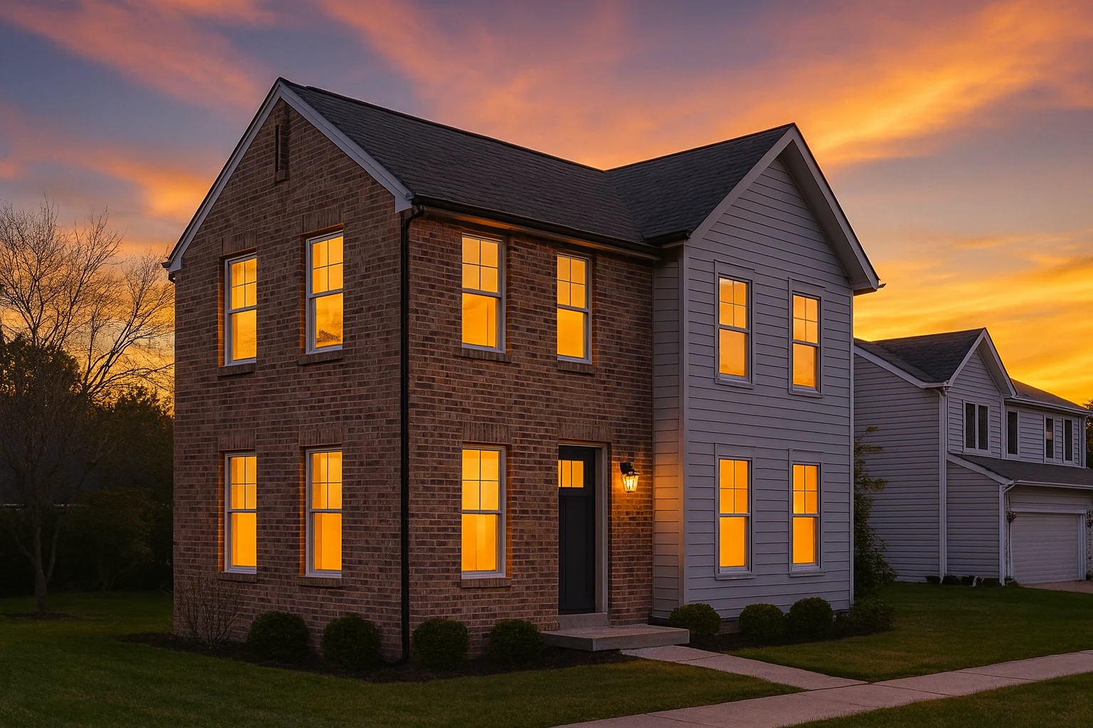 Townhome exterior at sunset